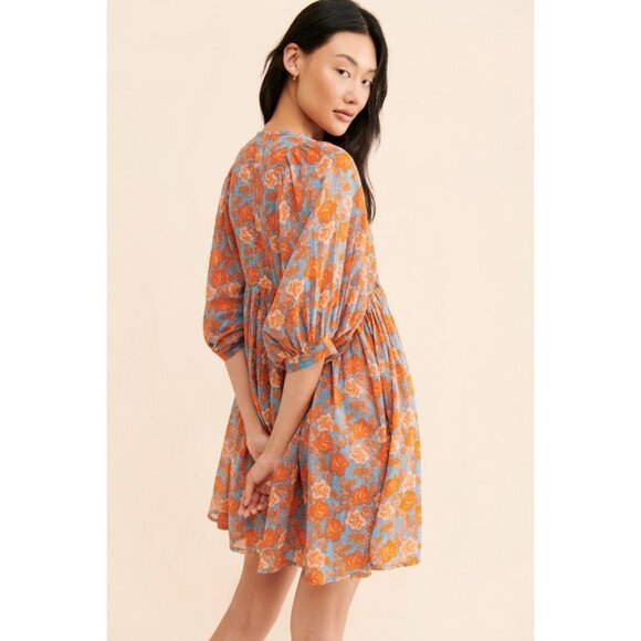Sundry Blouson Tunic Blue Orange Floral Mini Boho Dress Womens Size Small 1 - Picture 2 of 13